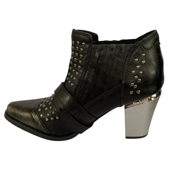 Ankle Boots Women Black Leather Bull Studded Skull Buckle Silver Block Heel Sz 8 - Picture 3 of 6